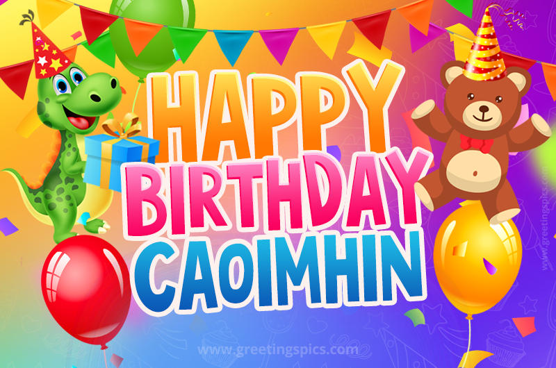 Happy Birthday Caoimhin Image for a child with cute baby dinosaur and bear