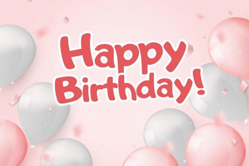 Happy birthday card with balloons and pink background