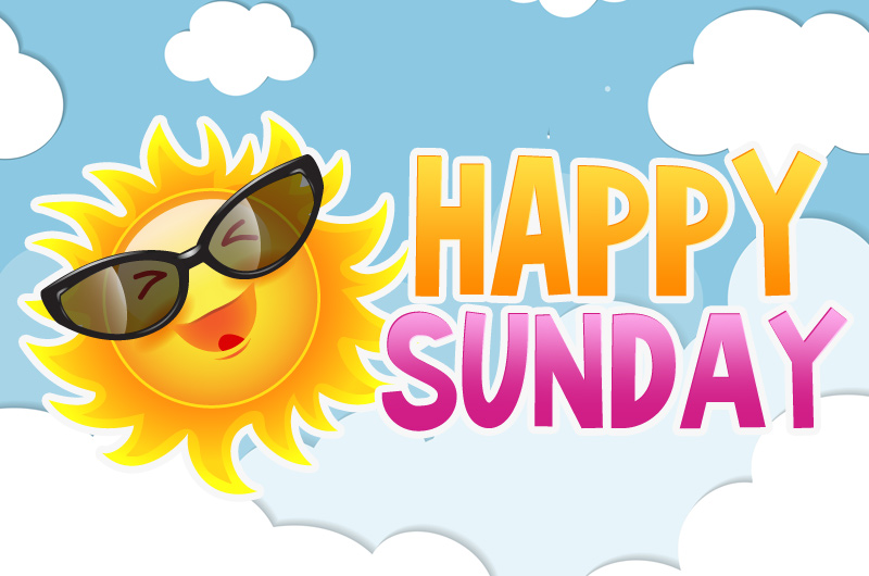 Happy Sunday Image with cartoon sun at the clouds