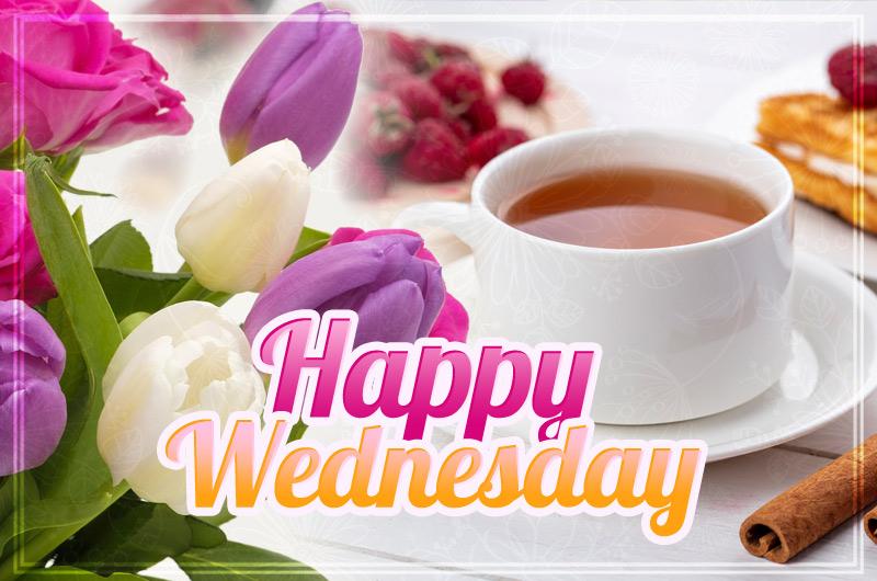 Happy Wednesday Image with beautiful flowers and breakfast