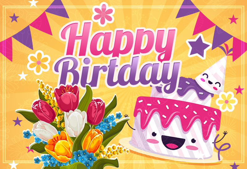 Happy birthday image with cartoon cake and bouquet of flowers