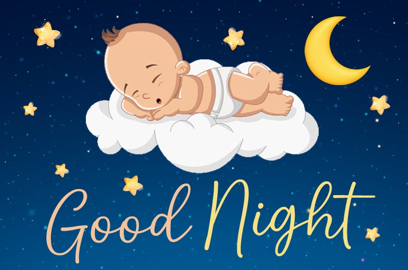 Good Night Image with sleeping cartoon baby on the cloud
