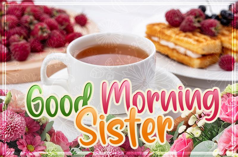 Good Morning Sister beautiful image with flowers and breakfast