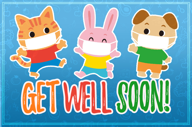Get Well Soon Funny Image with cartoon animals in medical masks