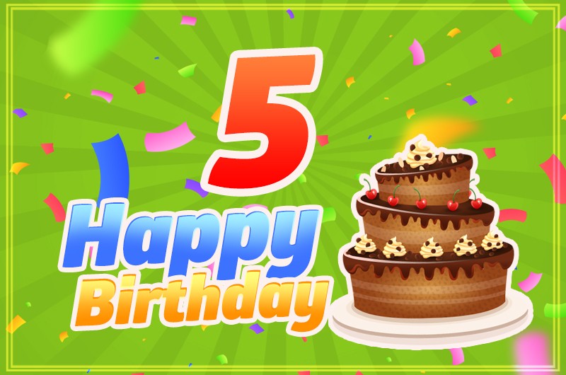 Happy 5th Birthday Image with cartoon chocolate cake on bright green background