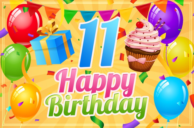 Happy 11th Birthday Image with cupcake and gift box