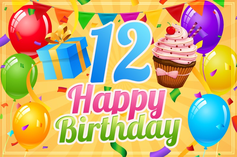 Happy 12th Birthday Image with cupcake and gift box