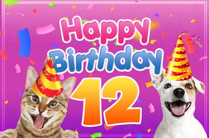 Happy 12th Birthday funny Image with dog and cat