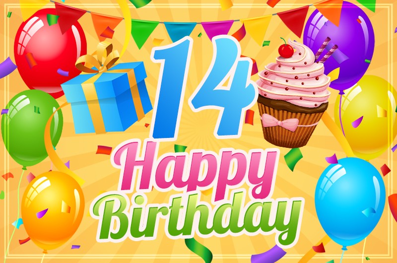 Happy 14th Birthday Image with cupcake and gift box