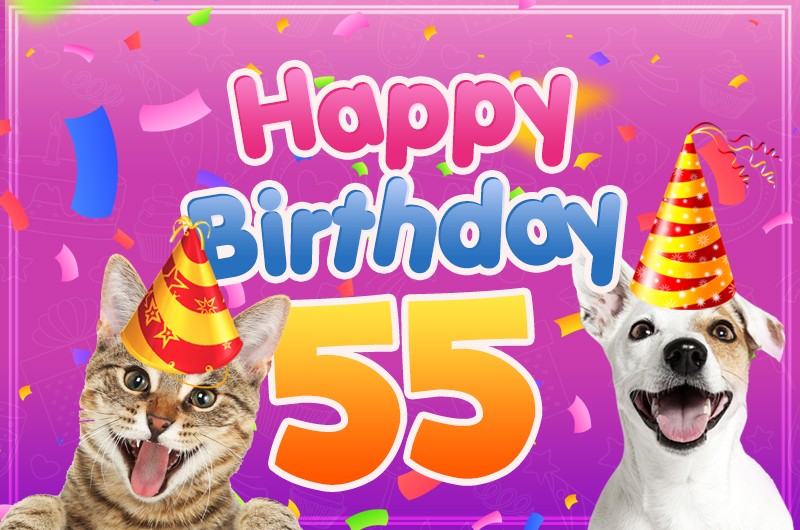 Happy 55th Birthday funny image with cat and dog