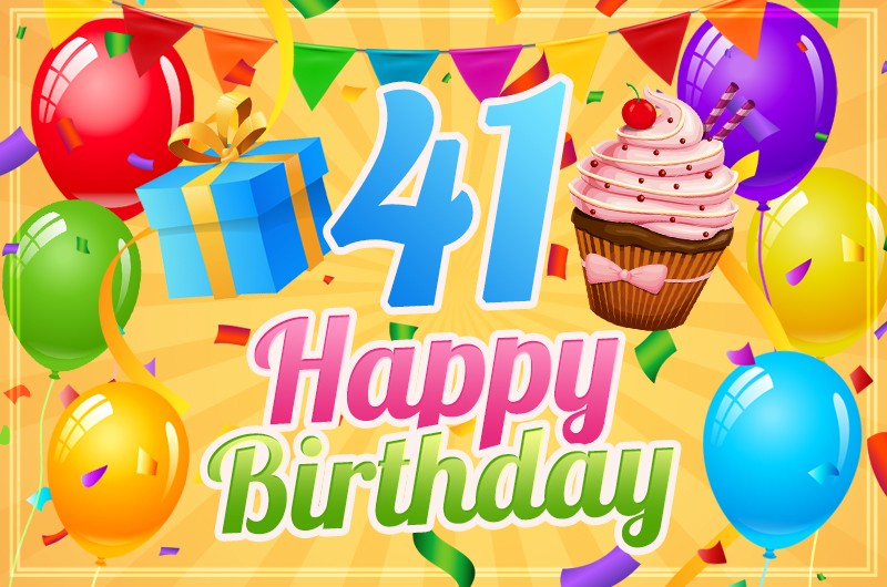 Happy 41st Birthday Picture with cupcake and gift box on the bright yellow background