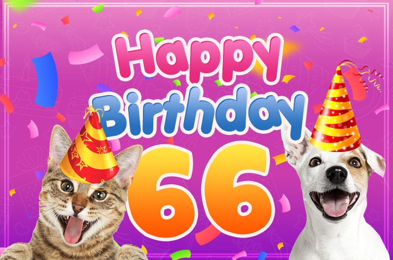 Happy 66th Birthday funny image with cat and dog