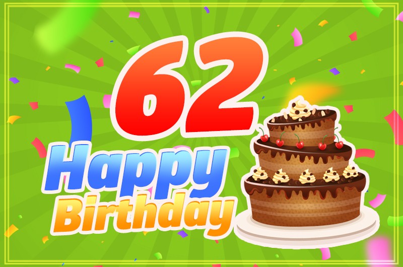 Happy 62nd Birthday picture with cartoon chocolate cake on the green background