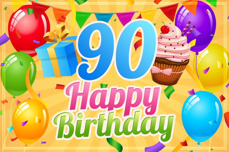 Happy 90th Birthday greeting card with cupcake and gift box