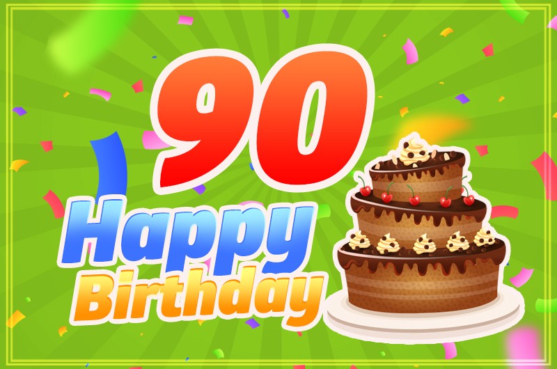 Happy 90th Birthday image with cartoon chocolate cake