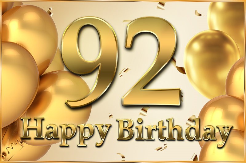 Happy 92nd Birthday greeting card with golden number