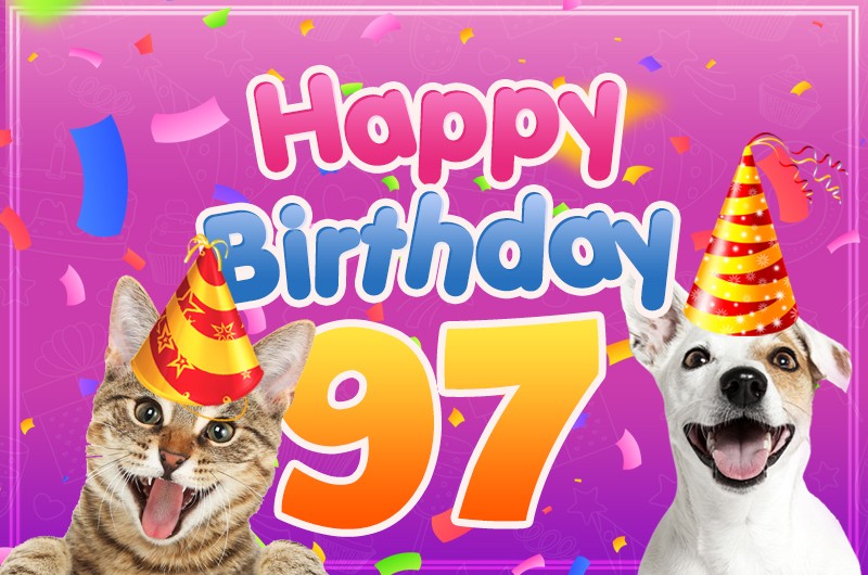 Happy 97th Birthday funny image with cat and dog