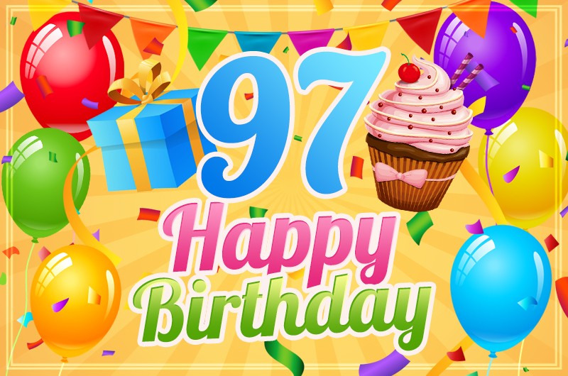 Happy 97th Birthday image with cupcake and gift box