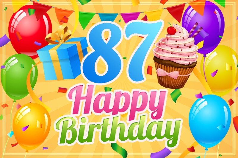 Happy 87th Birthday image with cupcake and gift box