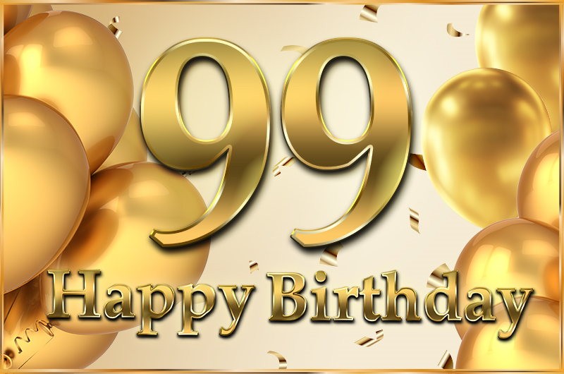 Happy 99th Birthday greeting card with golden number and confetti