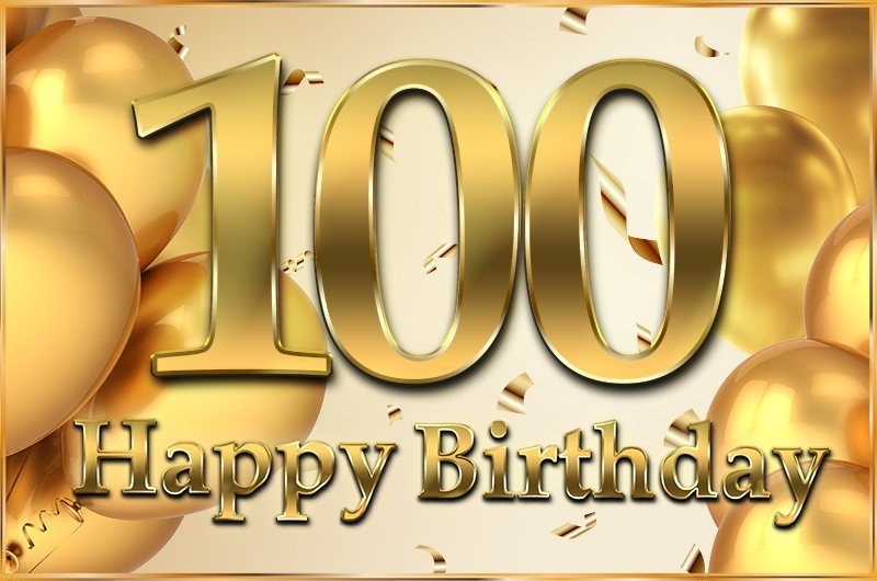 Happy 100th Birthday greeting card with golden number and confetti