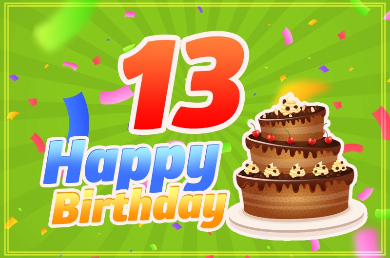 Happy 13th Birthday image with cartoon cake on green background