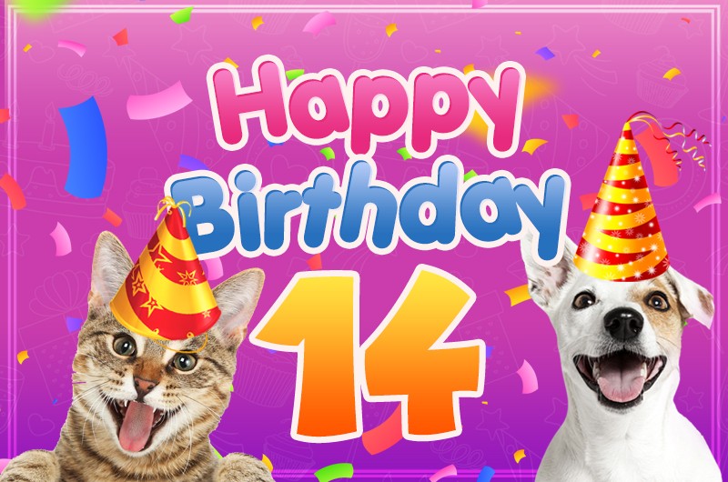 Happy 14th Birthday funny image with dog and cat