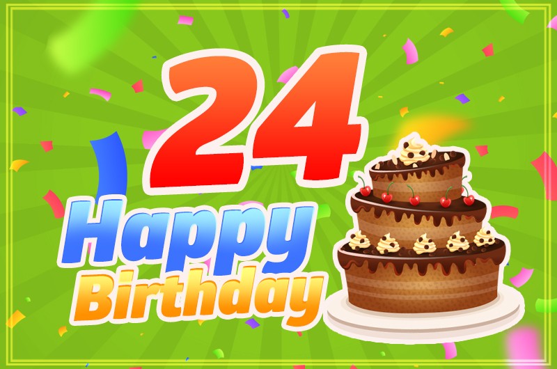 Happy 24th Birthday greeting card with cartoon cake on bright green background