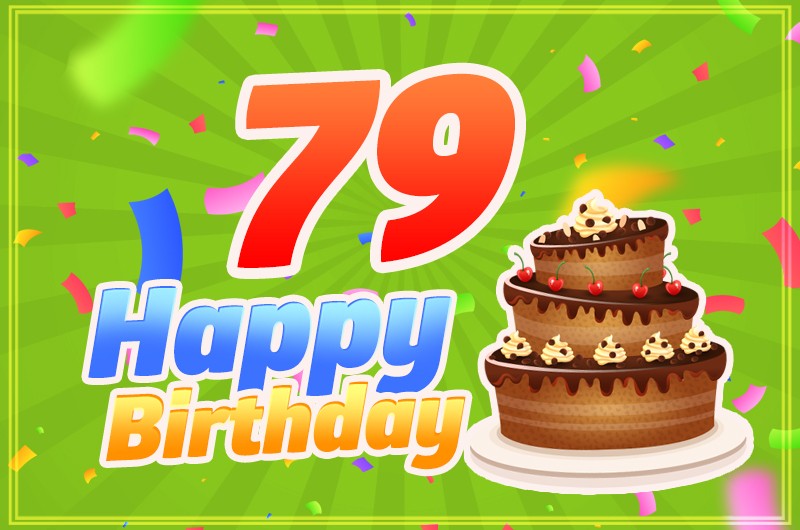 Happy 79th Birthday image with chocolate cartoon cake on green background