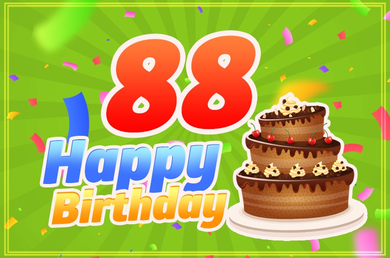 Happy 88th Birthday card with chocolate cake on green background