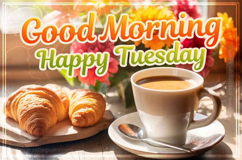 Good Morning Happy Tuesday image with cup of coffee and croissant