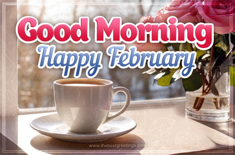 Good Morning Happy February image with cup of coffee and pink roses