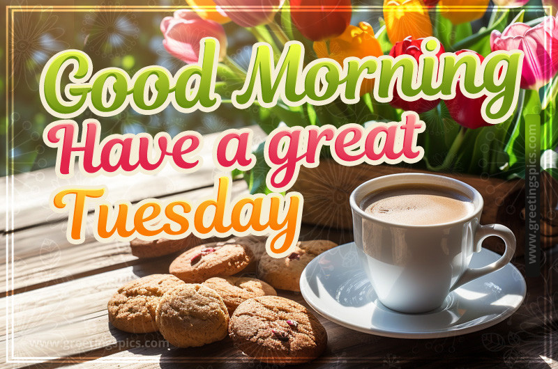 Good Morning Have a Great Tuesday image with coffee, cookies and tulips