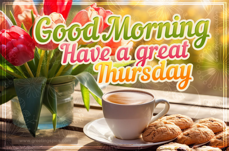 Good Morning Have a Great Thursday Image with cup of coffee and red tulips