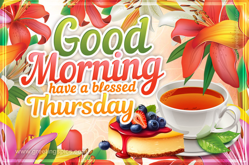 Good Morning have a Blessed Thursday Image with a cup of tea, cheesecake and colorful flowers