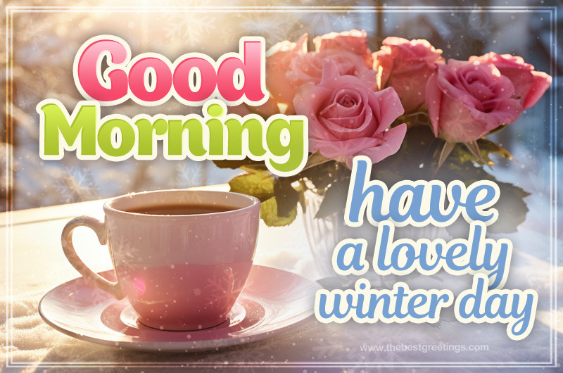 Good Morning have a Lovely Winter Day image with a hot drink and a bouquet of roses