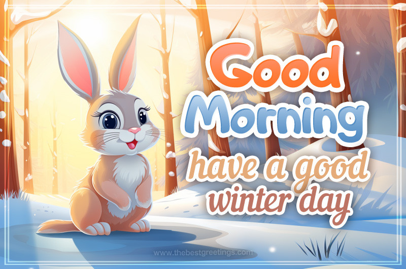 Good Morning picture with a cute bunny in the winter forest