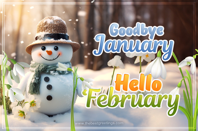 Goodbye January Hello February image with snowman and snowdrops