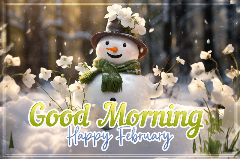 Good Morning February Day picture with a cute snowman in the winter forest