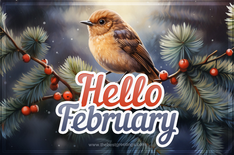 Hello February picture with a beautiful bird on a spruce branch