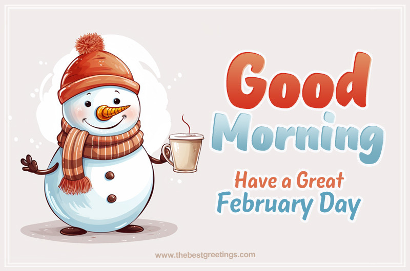 Good Morning have a Great February Day image with adorable snowman with coffee