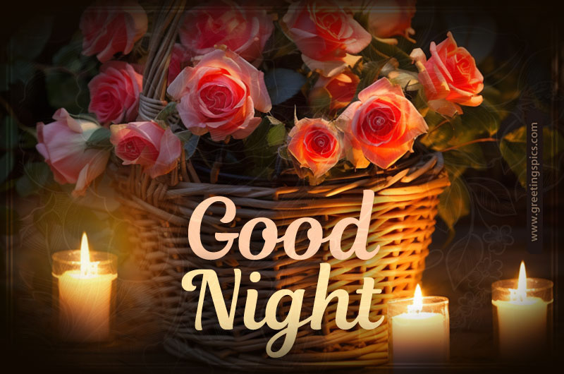 Good Night picture with a basket with a bouquet of roses and candles