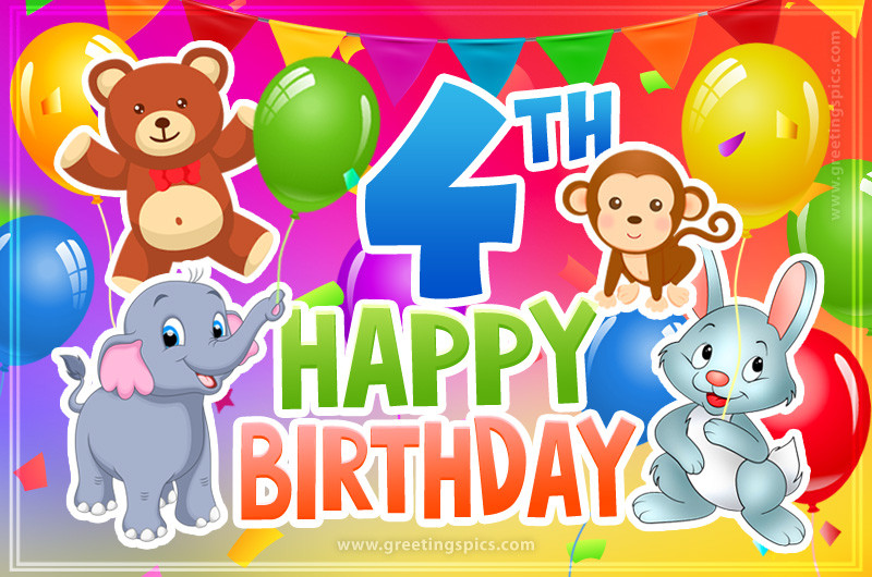 Happy 4th Birthday colorful image for a child with cute cartoon baby animals