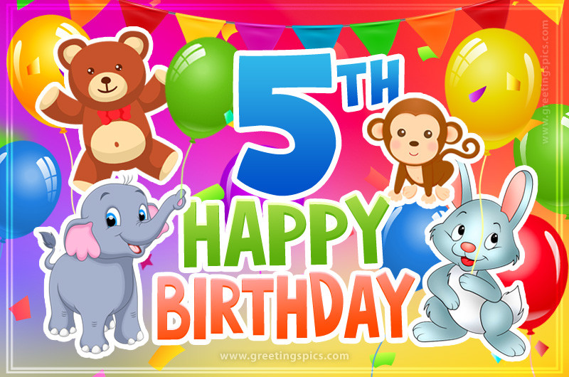 Happy 5th Birthday image for a child with cute cartoon baby animals