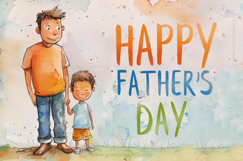 Happy Father's Day a beautiful picture of a father and son painted in watercolor