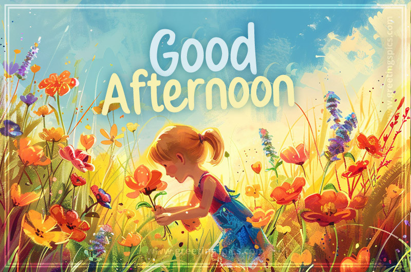 Good Afternoon greeting card with a picture of a cute girl on a field of colorful flowers