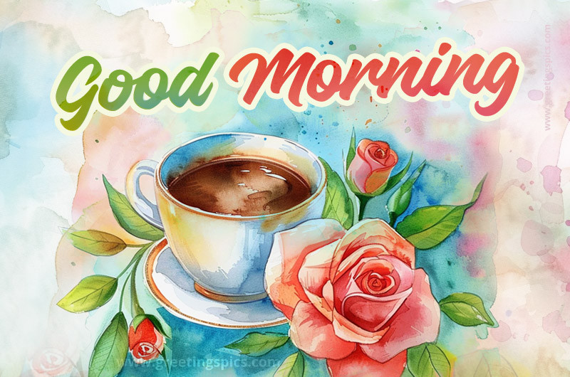 Colorful picture with watercolor roses and a cup of coffee and a Good Morning wish