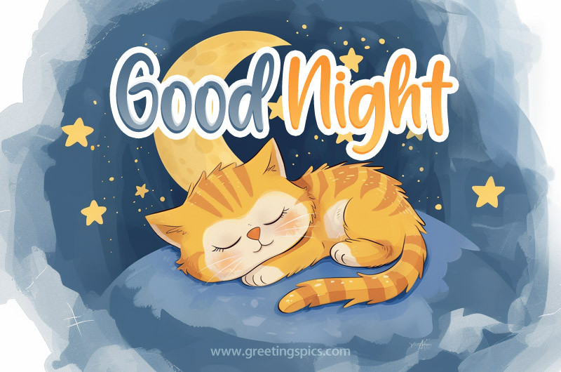 Good Night Image with cartoon sleeping kitten