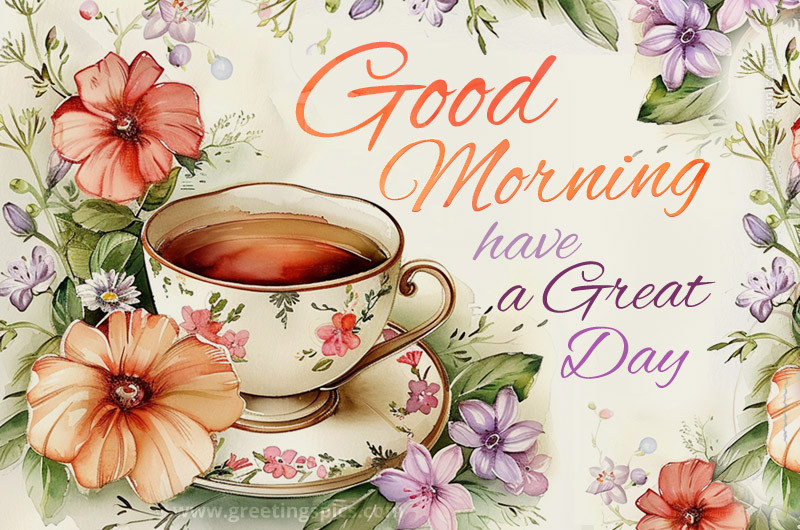 A beautiful card with watercolor flowers and a cup of coffee and a Good Morning wish