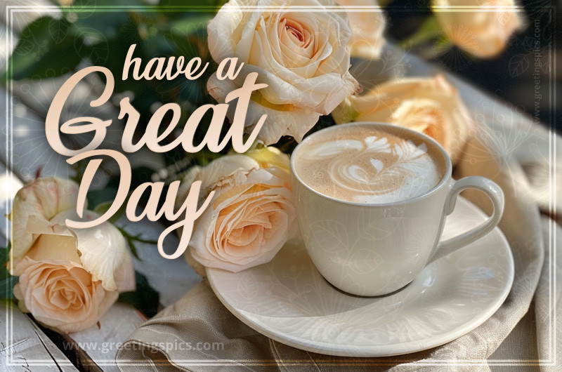 Have a Great Day Picture with beautiful cream roses and a cup of latte